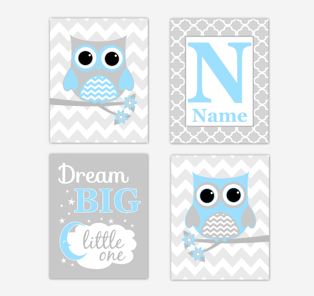 Blue Owls Baby Boy Nursery Wall Art Prints Personalized Baby Nursery Decor Dream Big Little One