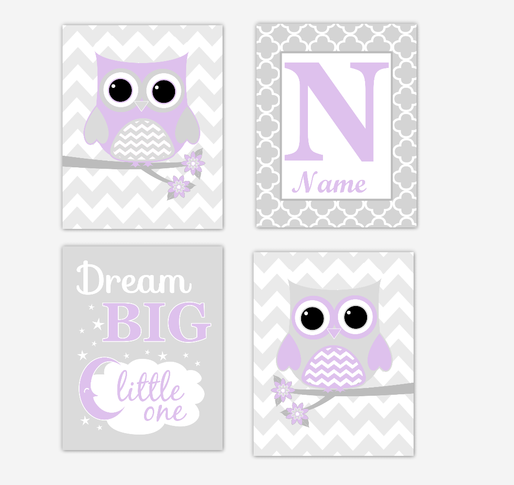 Purple Owls Baby Girl Nursery Wall Art Prints Personalized Baby Nursery Decor Dream Lavender Gray Dream Big Little One