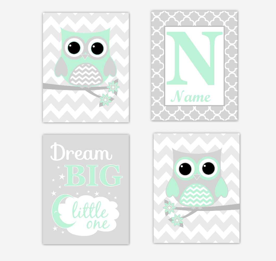 Mint Green Owls Baby Girl Nursery Wall Art Prints Personalized Baby Nursery Decor Dream Dream Big Little One