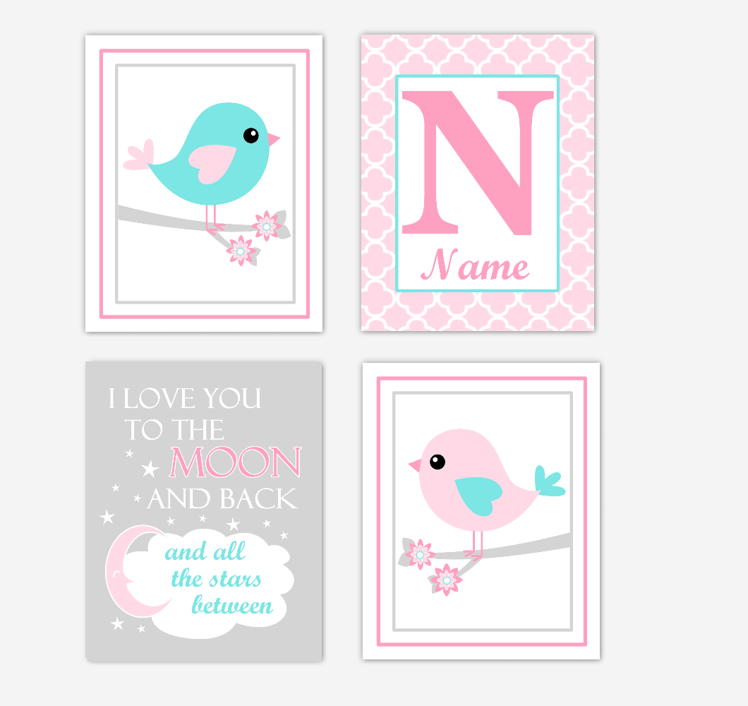 Pink Teal Aqua Birds Baby Girl Nursery Wall Art Prints Personalized Baby Nursery Decor I Love You To The Moon and Back