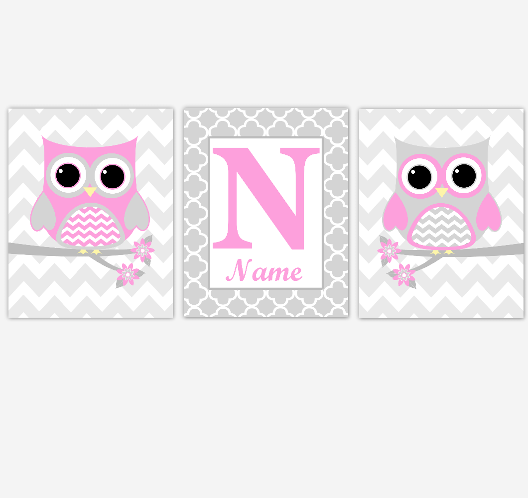 Pink Owls Baby Girl Nursery Wall Art Prints Personalized Baby Nursery Decor Birds