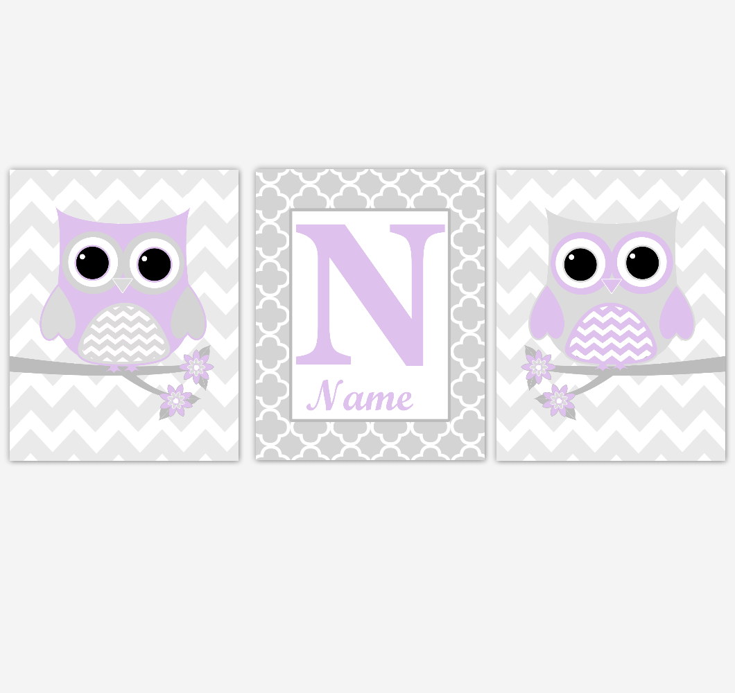 Purple Owl Baby Girl Nursery Wall Art Prints Personalized Baby Nursery Decor Birds Lavender Gray