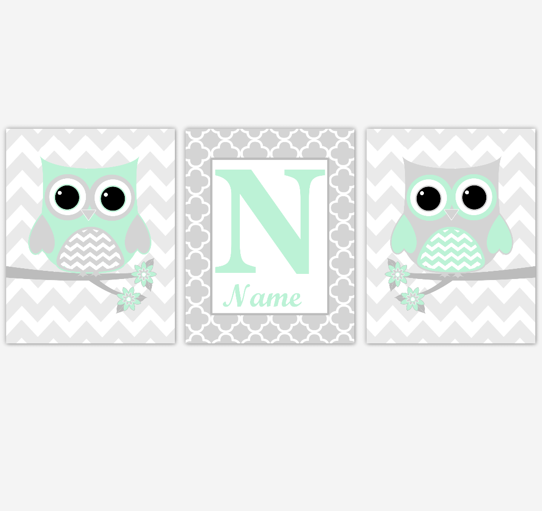 Mint Owls Baby Nursery Wall Art Prints Personalized Baby Nursery Decor Birds Gender Neutral Green Gray