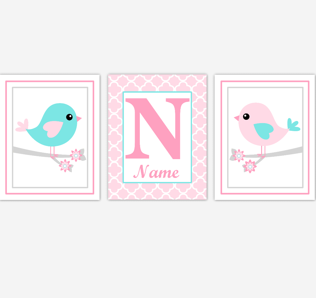 Pink Birds Baby Girl Nursery Wall Art Teal Aqua Personalized Baby Nursery Decor