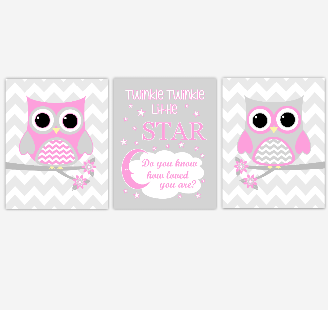 Owl Baby Girl Nursery Wall Art Pink Gray Birds Nursery Rhyme Baby Nursery Decor Twinkle Twinkle Little Star