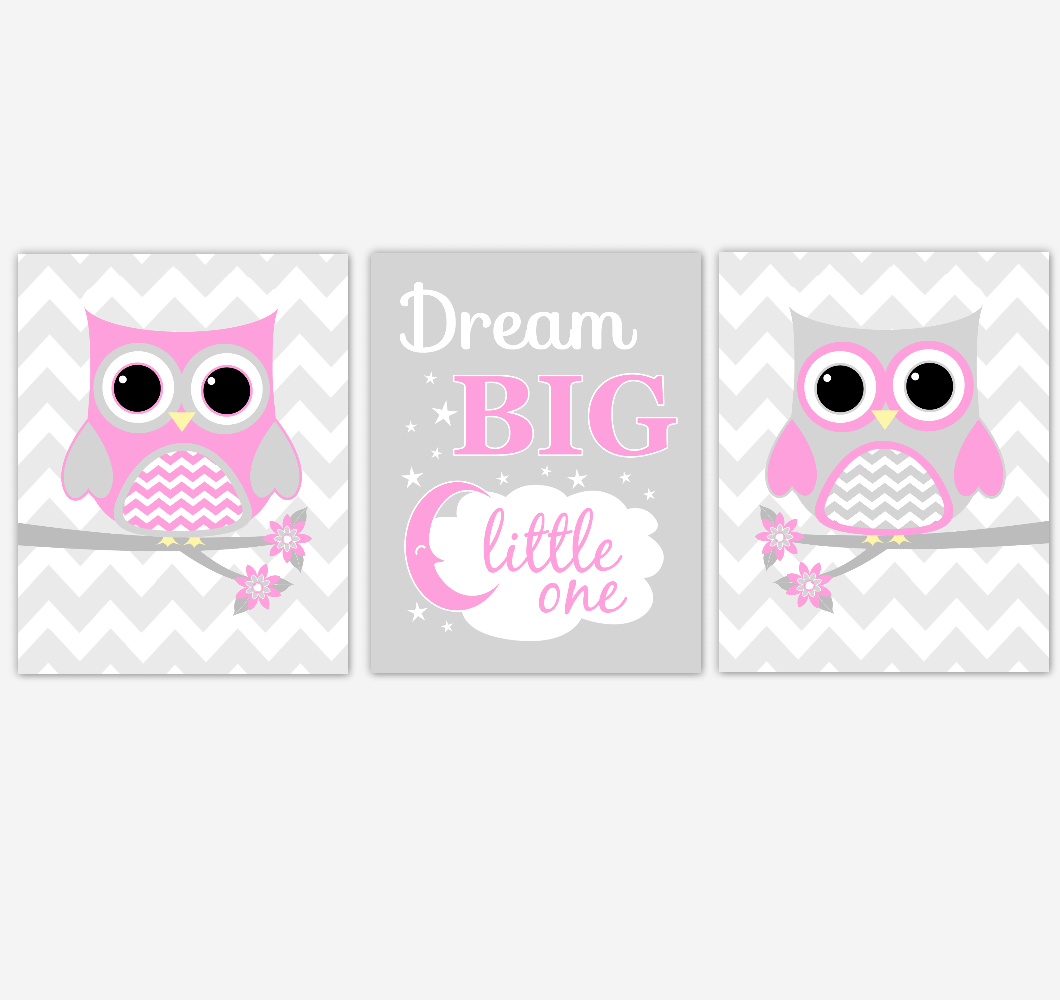 Owl Baby Girl Nursery Wall Art Pink Gray Birds Nursery Rhyme Baby Nursery Decor Dream Big Little One