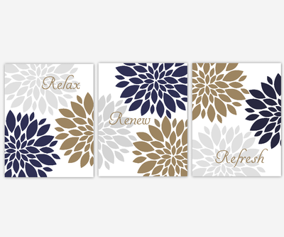Navy Blue Gray Bath Wall Art Spa Bath Bronze Flowers Flower Bursts Dahlias Relax Refresh Renew Bath Rules Floral Wall Decor Bathroom Decor Flower Home Decor SET OF 3 UNFRAMED PRINTS Navy Blue Gray Bath Wall Art Spa Bath Bronze Flowers Flower Bursts Dahlias Relax Refresh Renew Bath Rules Floral Wall Decor Bathroom Decor Flower Home Decor SET OF 3 UNFRAMED PRINTS