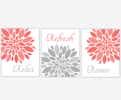 Coral Gray Bath Wall Art Flower Burst Dahlia Mums Modern Floral Decor Relax Refresh Renew Spa Bath Rules SET OF 3 UNFRAMED PRINTS