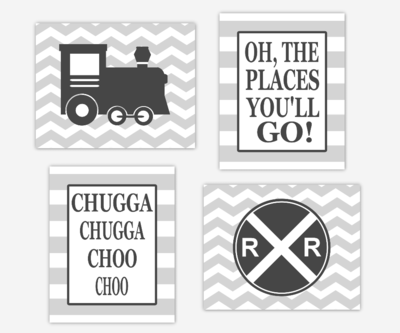 Baby Boy Nursery Art Charcoal Gray Train Railroad Sign Oh The Places You'll Go Toddler Boy Bedroom Baby Nursery Decor Chevron  SET OF 4 UNFRAMED PRINTS