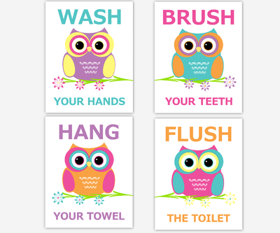 Owl Kids Bath Wall Art Teal Orange Pink Yellow Purple Wash Brush Hang Flush Teeth Hands Towel Toilet Bathroom Rules Children Prints
