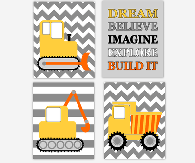 Baby Boy Nursery Wall Art Construction Trucks Yellow Gray Tractor Dump Truck Dream Believe Imagine Explore Build Toddler Boy Bedroom SET OF 4 UNFRAMED PRINTS OR CANVAS