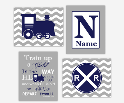 Baby Boy Nursery Wall Art Navy Blue Gray Train Railroad Sign Train Up Proverb Personalized Chevron Toddler Boy Bedroom SET OF 4 UNFRAMED PRINTS
