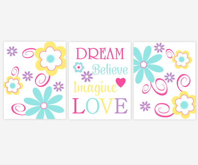 Baby Girl Nursery Wall Art Pink Yellow Purple Yellow Lavender Teal Turquoise Flowers Flora Whimsical Dream Believe Imagine Love SET OF 3 UNFRAMED PRINTS