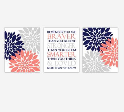 Coral Baby Girl Nursery Art Navy Blue Gray Flowers Dahlia Mums Floral Bursts Remember You Are Braver Quote Baby Nursery Decor SET OF 3 UNFRAMED PRINTS