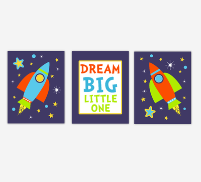SPACE Baby Boy Nursery Wall Art Spaceship Rocket Stars Dream Big Little One Baby Nursery Decor Boy Room SET OF 3 UNFRAMED PRINTS