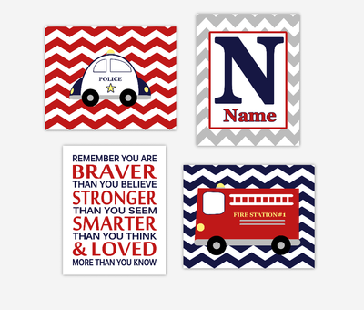 Baby Boy Nursery Wall Art Fire Truck Police Car Personalized Name Remember You Are Braver Quote Baby Nursery Decor SET OF 4 UNFRAMED PRINTS