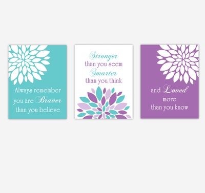 Baby Girl Nursery Wall Art Purple Teal Flower Dahlia Mums Remember You Are Braver Quote Baby Nursery Decor SET OF 3 UNFRAMED PRINTS