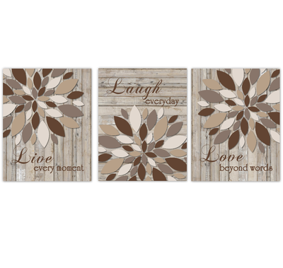 Live Laugh Love Dahlia Mums Flower Wall Art Home Decor Living Room Bedroom Prints Rustic Wood Farmhouse Style SET OF 3 UNFRAMED PRINTS - NOT REAL WOOD