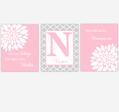 Pink Baby Girl Nursery Art Mums Dahlia Personalized Flower Floral Prints Let Her Sleep SET OF UNFRAMED PRINTS