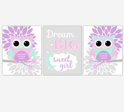 Pink Purple Mint Baby Nursery Wall Art Owl Dahlia Mum Flowers Baby Nursery Decor