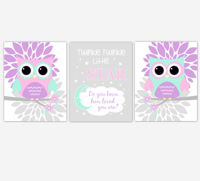 Owl Baby Girl Nursery Wall Art Baby Owl Pictures Pink Mint Purple Dahlia Mum Flowers Baby Nursery Decor