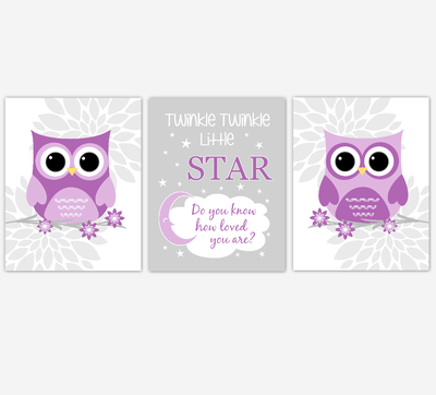 Owl Baby Girl Nursery Wall Art Owl Pictures Purple Dahlia Mum Flowers Twinkle Little Star Baby Nursery Decor