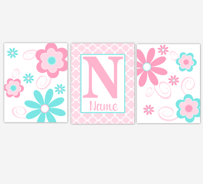 Baby Girl Nursery Art Pink Aqua Flowers Floral Personalized Print Baby Nursery Decor Baby Nursery Decor