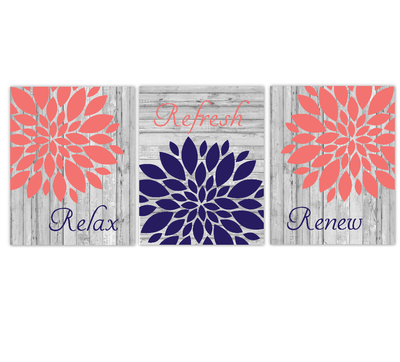 Coral Navy Blue Bathroom Wall Art Mum Dahlia Flower Floral Relax Refresh Renew Rustic Farmhouse Style Theme Prints Spa Bath