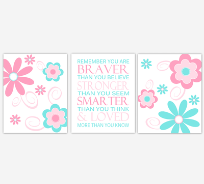 Pink Flowers Baby Girl Nursery Wall Art Pink Aqua Flowers Floral Remember You Are Braver Print Baby Nursery Decor