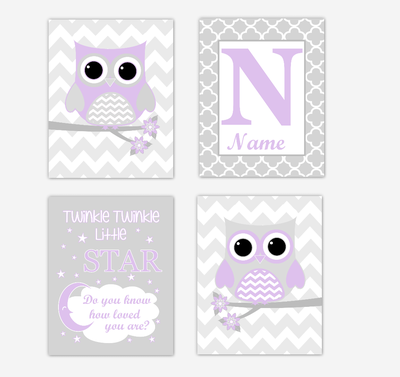 Purple Owls Baby Girl Nursery Wall Art Prints Personalized Baby Nursery Decor Dream Lavender Gray Twinkle Little Star