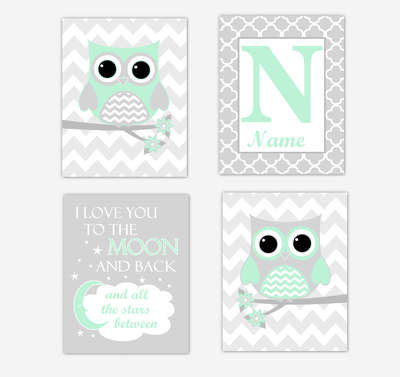 Mint Green Owls Baby Girl Nursery Wall Art Prints Personalized Baby Nursery Decor I Love You To The Moon and Back