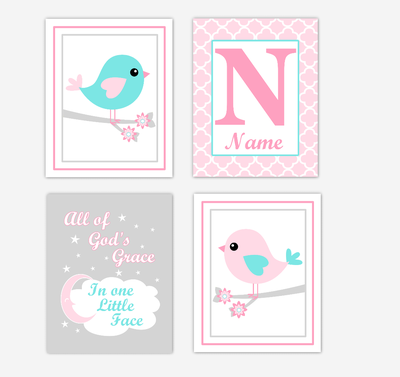 Pink Teal Aqua Birds Baby Girl Nursery Wall Art Prints Personalized Baby Nursery Decor All Of Gods Grace
