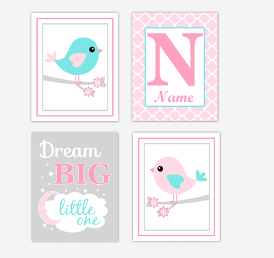 Pink Teal Aqua Birds Baby Girl Nursery Wall Art Prints Personalized Baby Nursery Decor Dream Big Little One