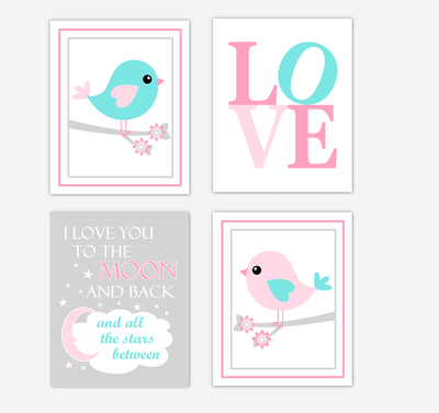 Birds Baby Girl Nursery Wall Art Prints Pink Aqua Teal LOVE Baby Nursery Decor I Love You To The Moon and Back