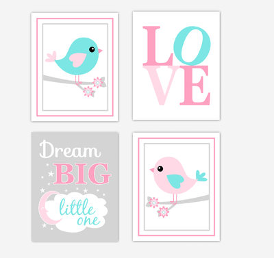 Birds Baby Girl Nursery Wall Art Prints Pink Aqua Teal LOVE Baby Nursery Decor Dream Big Little One