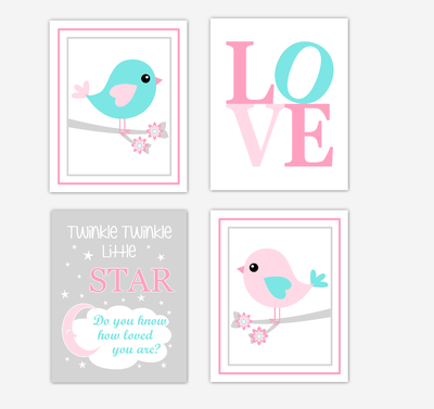 Birds Baby Girl Nursery Wall Art Prints Pink Aqua Teal LOVE Baby Nursery Decor Twinkle Twinkle Little Star