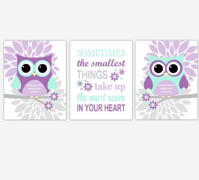Owl Baby Girl Nursery Wall Art Prints Purple Mint Lavender Birds Baby Nursery Decor Sometimes The Smallest Things