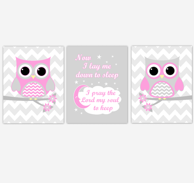Owl Baby Girl Nursery Wall Art Pink Gray Birds Nursery Rhyme Baby Nursery Decor Now I Lay Me Down To Sleep