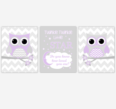 Owl Baby Girl Nursery Wall Art Purple Gray Lavender Birds Baby Nursery Decor Prints
