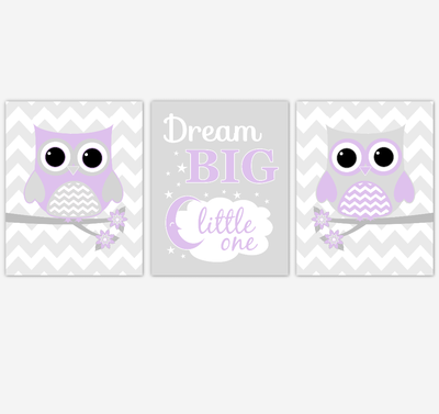 Owl Baby Girl Nursery Wall Art Purple Gray Lavender Birds Baby Nursery Decor Prints