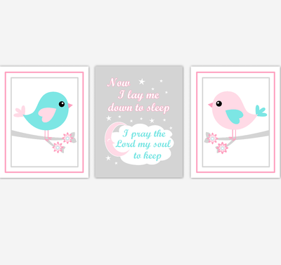 Birds Baby Girl Nursery Wall Art Pink Teal Aqua Baby Nursery Decor Prints Home Decor Now I Lay Me Down To Sleep