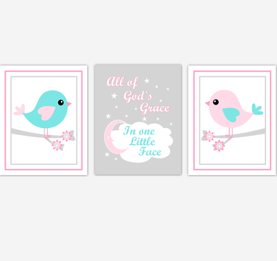 Birds Baby Girl Nursery Wall Art Pink Teal Aqua Baby Nursery Decor Prints Home Decor All Of Gods Grace