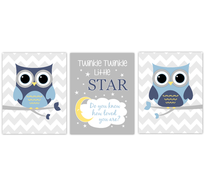 Owls Baby Boy Nursery Wall Art Navy Blue Yellow Gray Birds Baby Nursery Decor Prints Twinkle Twinkle Little Star