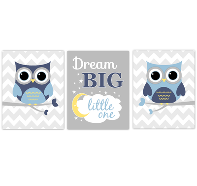 Owls Baby Boy Nursery Wall Art Navy Blue Yellow Gray Birds Baby Nursery Decor Prints Dream Big Little One