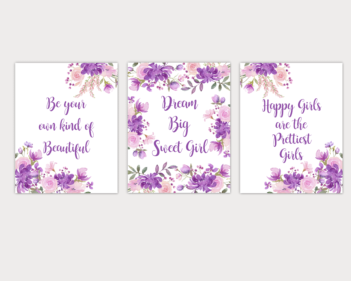 Watercolor Flower Wall Art Baby Girl Nursery Purple Pink Floral Wall Art Prints Home Decor Set Of 3 Unframed Prints Dezignerheart Designs C Personalized Baby Nursery Decor Gifts