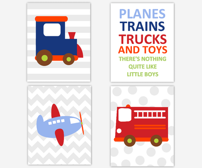 Baby Boy Nursery Wall Art Transportation Train Car Fire Truck Plane Airplane Quotes for Boys Room Prints SET OF 4 UNFRAMED PRINTS