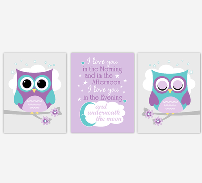 Baby Girl Nursery Wall Art Purple Teal Owls Prints Baby Nursery Decor SET OF 3 UNFRAMED PRINTS