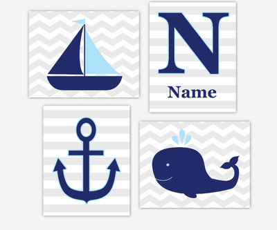 Personalized Baby Nursery Wall Art Navy Blue Nautical Sailboat Boat Anchor Whale Under The Sea Prints for Baby Nursery Prints Kid Bath Monogram Name Wall Art