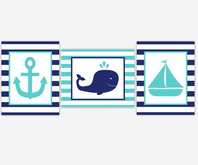 Nautical Baby Boy Nursery Wall Art Navy Teal Turquoise Boat Anchor Whale Boy Room Wall Decor Nautical Wall Decor Baby Boy Nursery Decor Art SET OF 3 UNFRAMED PRINTS