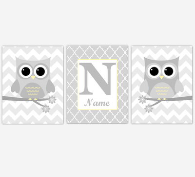 Owl Baby Boy Nursery Wall Art Yellow Gray Boy Nursery Decor Owl Pictures Personalized Baby Nursery Decor SET OF 3 UNFRAMED PRINTS
